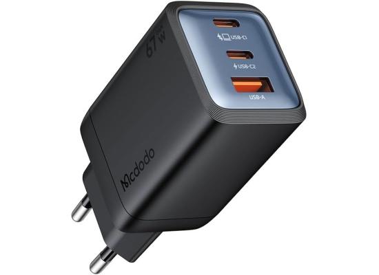 Mcdodo Gana Mini 67W GaN Charger – 3-Port Fast Wall Charger with Dual USB-C & USB-A, Compact Design, Compatible with Laptops, Tablets, Smartphones & More - Black